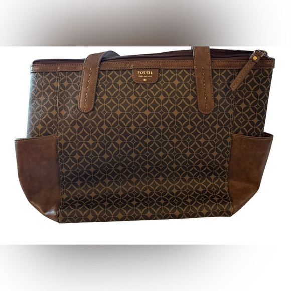 FOSSIL Mimi Shopper Tote brown tan geometric print shoulder bag NWOT - Picture 2 of 8